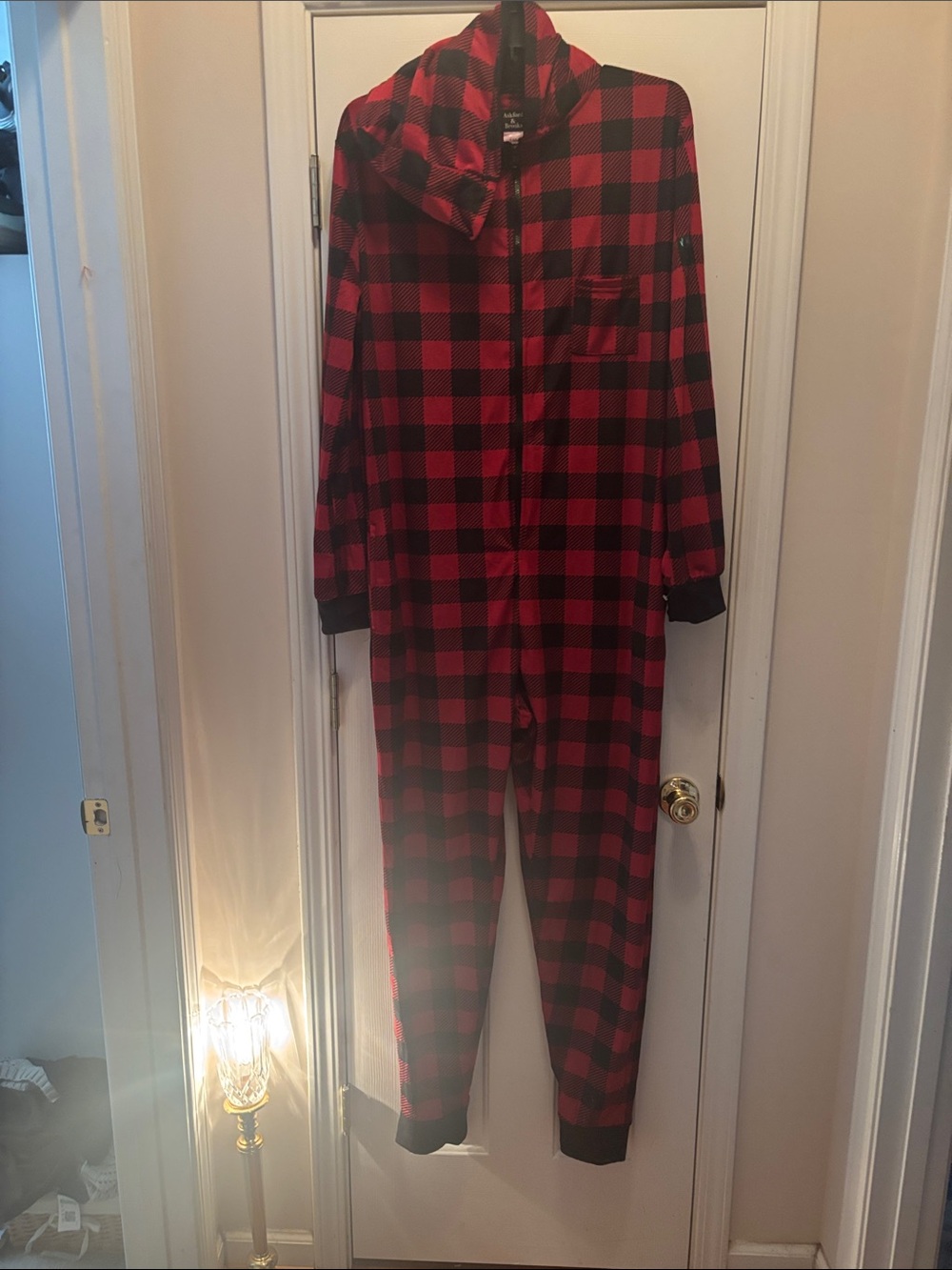 NWOT Women's Red and Black Buffalo Plaid Hooded Pajama Union Suit